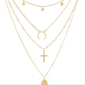 Gold Tone Multilayer Cross Circle Moon Necklace